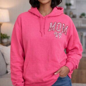 Pink and White "Mom" Floral Graphic Sweatshirt Pullover Hoodie Size Medium